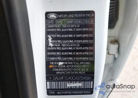 2012 Land Rover Range Rover Hse из США, поврежденный, VIN SALMF1D40CA375459